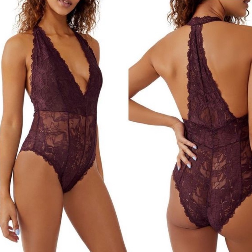Free People Everyday Lace Bodysuit Plum Jam Size Small